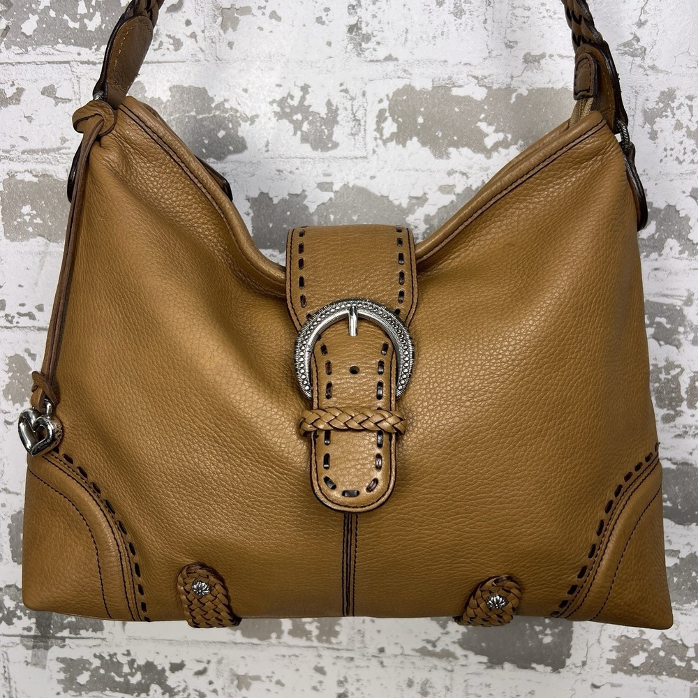 Brighton Solodad Buckle Purse Camel Tan Pebbled Leather Woven Strap Slouchy Aged